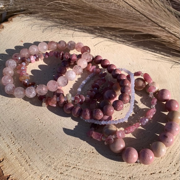 Natural Strawberry Quartz, Pink Rhodonite & Raw Tourmaline Gemstone Bracelets - Picture 12 of 15